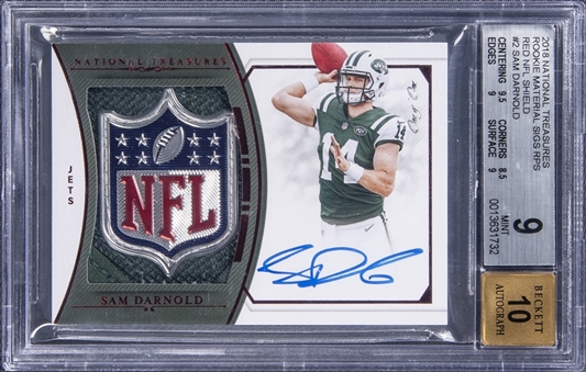 2018 Panini National Treasures "Rookie Material Signatures RPS" NFL Shield Red #2 Sam Darnold Signed NFL Shield Patch Rookie Card (#1/1) - BGS MINT 9/BGS 10